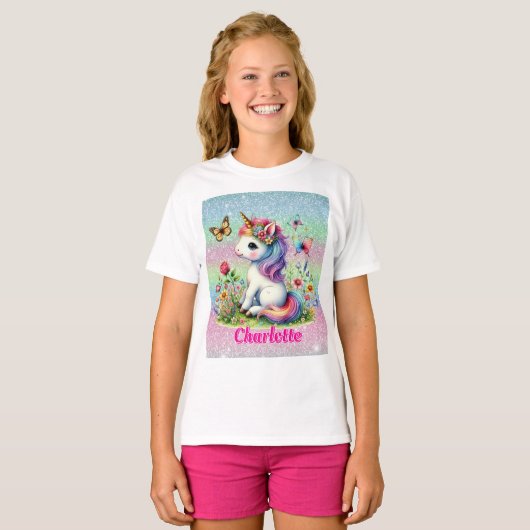 Whimsical glitter bloem eenhoorn T-shirt (Voorkant volledig)