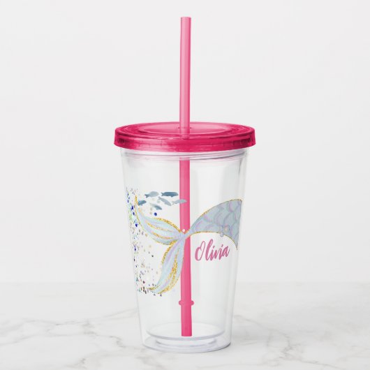 Whimsical Glitter Zeemeermin Beachy Onder het Zee Acryl Drinkbeker (Voorkant)