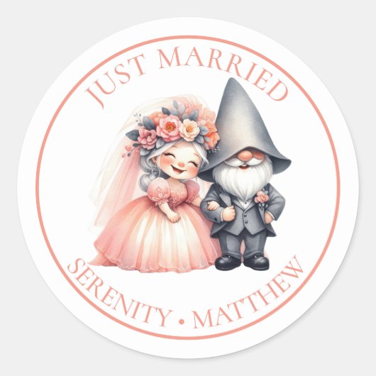 Whimsical Gnome bruiloft net getrouwd gunst Ronde Sticker (Voorkant)
