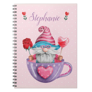 Whimsical Gnome in Tea Cup Hearts & Flowers Notitieboek