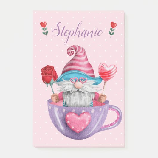 Whimsical Gnome in Tea Cup Hearts & Flowers Post-it® Notes (Voorkant)