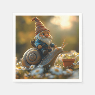 Whimsical Gnome op Snail Ride Magical Garden Scene Servet