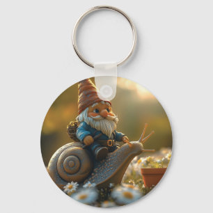 Whimsical Gnome op Snail Ride Magical Garden Scene Sleutelhanger