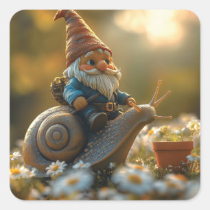 Whimsical Gnome op Snail Ride Magical Garden Scene Vierkante Sticker