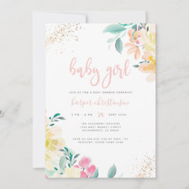 Whimsical Gold Blush Pink Floral Girl Baby shower Kaart