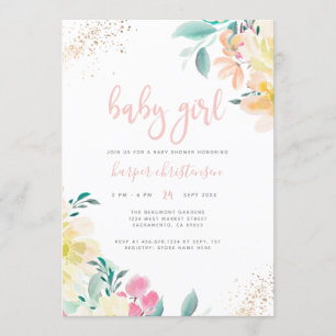 Whimsical Gold Blush Pink Floral Girl Baby shower Kaart