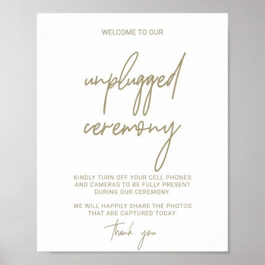 Whimsical Gold Calligraphy Unplugged Ceremony Sign Poster (Voorkant)