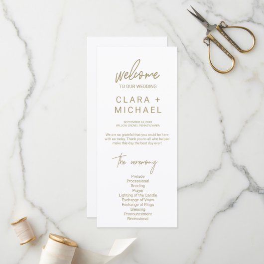 Whimsical Gold Calligraphy Wedding Programma (Voorkant / Achterkant in situ)