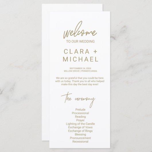 Whimsical Gold Calligraphy Wedding Programma (Voorkant / Achterkant)