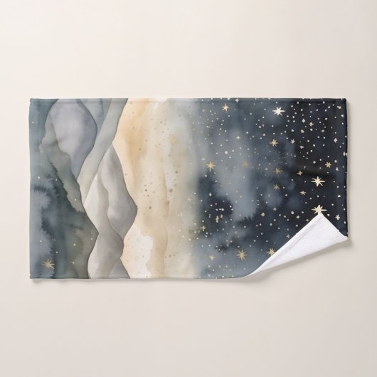Whimsical Gold en Navy Mountains Sterrennacht Bad Handdoek (Handdoek)