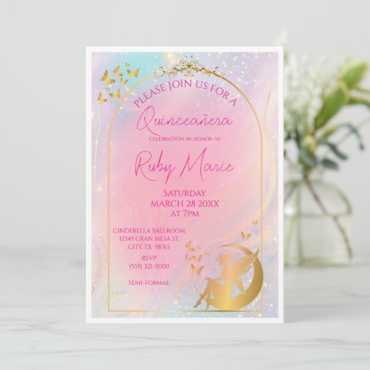 Whimsical Gold Fairy Pixie Invitation (Debout devant)