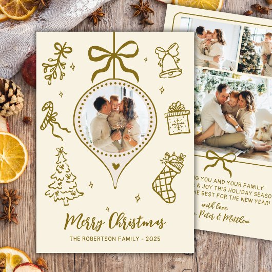 Whimsical Gold Hand Drawn Photo Merry Christmas Feestdagenkaart