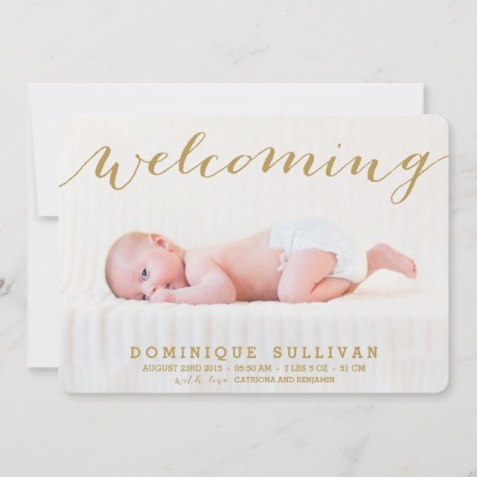 Whimsical Gold Script Photo Birth Notice Aankondiging (Voorkant)