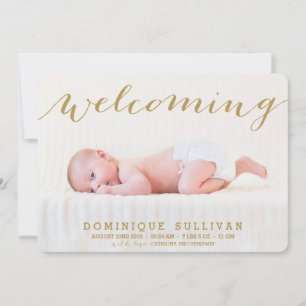 Whimsical Gold Script Photo Birth Notice Aankondiging