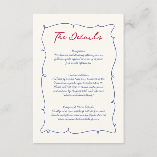 Whimsical golvende rand & script bruiloft details informatiekaartje (Voorkant)