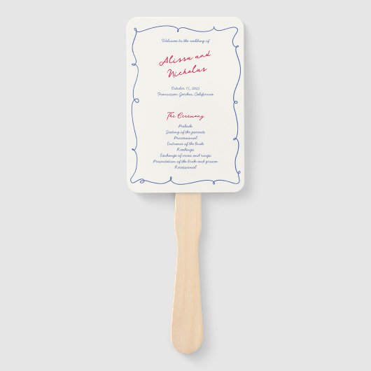 Whimsical golvende rand & script bruiloft programm handwaaier (Voorkant)