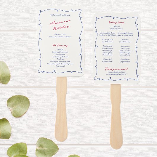 Whimsical golvende rand & script bruiloft programm handwaaier