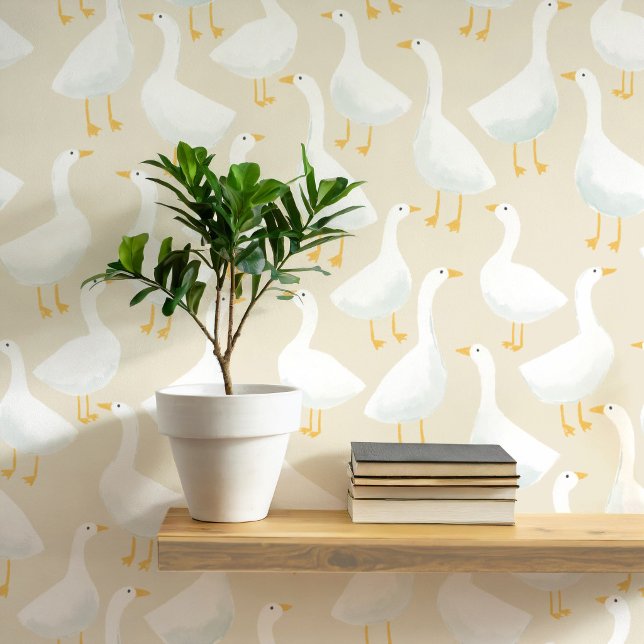 Whimsical Goose Pattern Soft Neutral Style Behang (Goose geese art neutral farmhouse or nursery wallpaper)