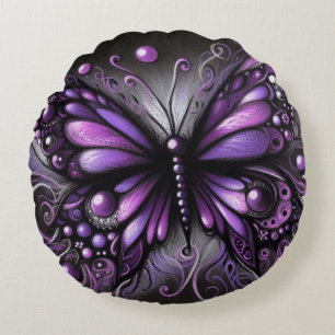 Whimsical Gothic Butterfly Paarse Zwart Kleurrijk Rond Kussen