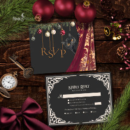 Whimsical Gothic Zwarte Kat Kerstfeest Uitnodiging Informatiekaartje