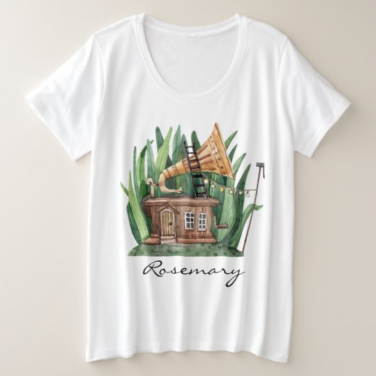 Whimsical Gramophone Sprookjeshuis Waterverf Grote Maat T-shirt (Design voorkant)