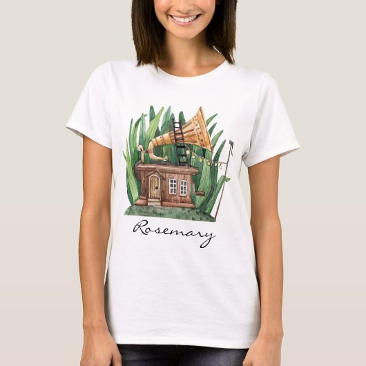 Whimsical Gramophone Sprookjeshuis Waterverf T-shirt (Voorkant)