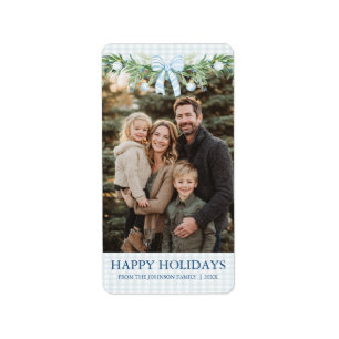 Whimsical Grandmillenial Blauwe Strik Familie Foto Etiket