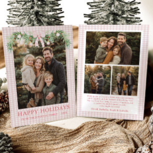 Whimsical Grandmillenial Blauwe Strik Familie Foto Feestdagenkaart