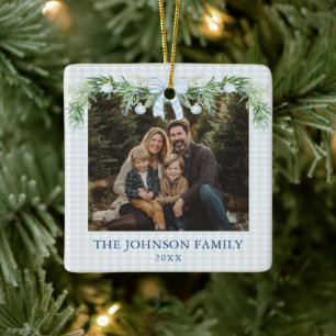 Whimsical Grandmillenial Blauwe Strik Familie Foto Keramisch Ornament