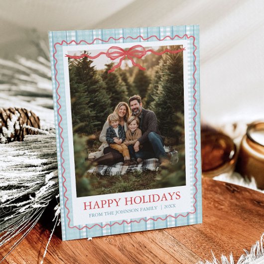 Whimsical Grandmillenial Blue Bow Family Photo Feestdagenkaart