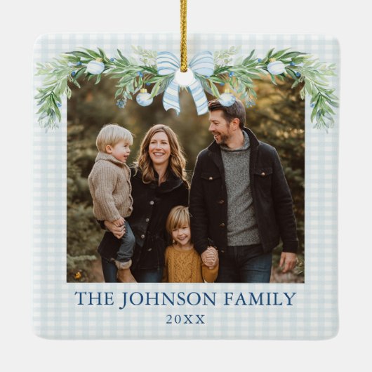Whimsical Grandmillenial Blue Bow Family Photo Keramisch Ornament (Achterkant)