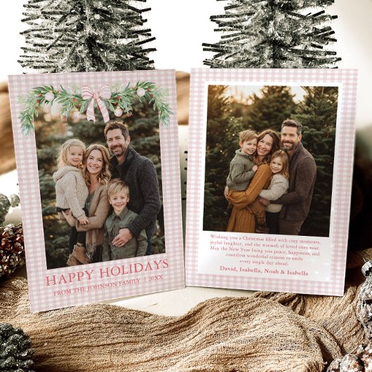 Whimsical Grandmillenial Pink Bow Family Photo Feestdagenkaart