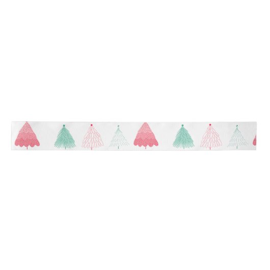 Whimsical Green en Pink Trees Kerstmis Lint (Voorkant)