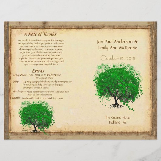 Whimsical Green Heart Leaf Tree Wedding Programme (Devant)