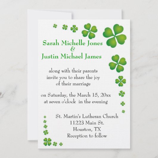 Whimsical Green Shamrock Wedding Invitation Kaart (Voorkant)