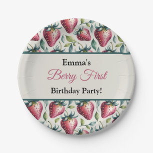 Whimsical Green Strawberry Verjaardag Naam Papieren Bordje