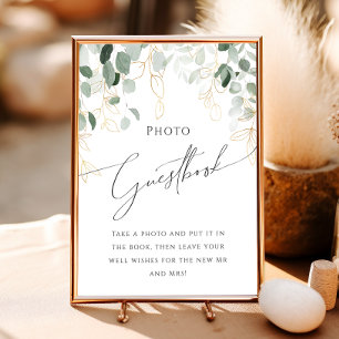 Whimsical Greenery and Gold Photo Guest Book Sign Poster