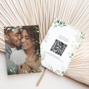 Whimsical Greenery and Gold Photo QR Code Save The Date
