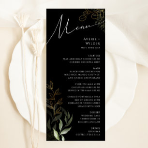 Whimsical Greenery Black and Gold Wedding Dinner Menu