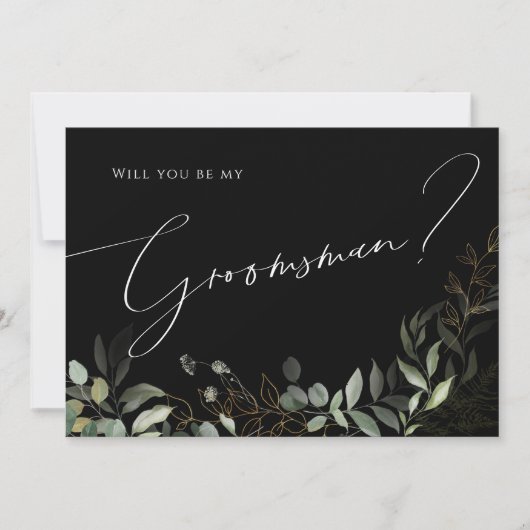 Whimsical Greenery Black en Gold | Groomsman Kaart (Voorkant)