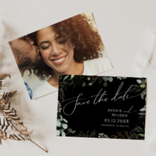 Whimsical Greenery Black en Gold Horizontal Photo Save The Date