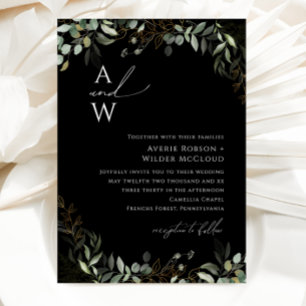 Whimsical Greenery Black en Gold Monogram Wedding Kaart