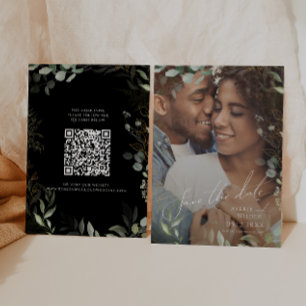 Whimsical Greenery Black en Gold Photo QR Code Save The Date