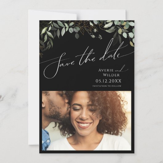 Whimsical Greenery Black en Gold Save the Date Magnetische Uitnodiging (Voorkant)