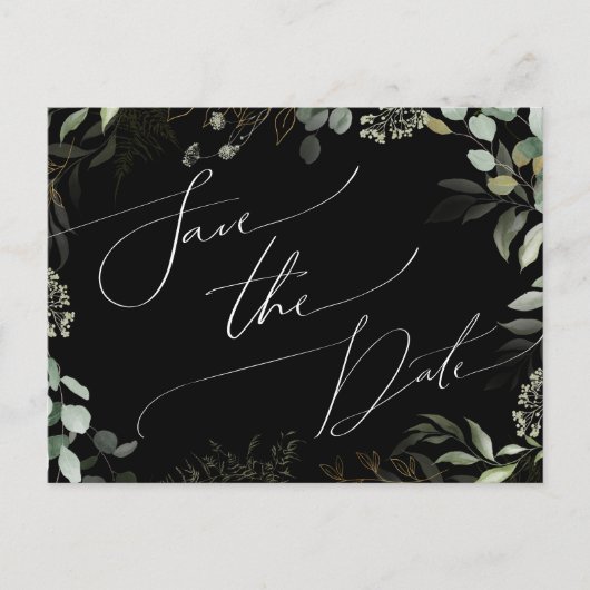 Whimsical Greenery Black en Gold Save the Date Uitnodiging Briefkaart (Voorkant)