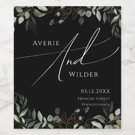 Whimsical Greenery Black en Gold | Weddenschap Wijn Etiket (Enkel label)