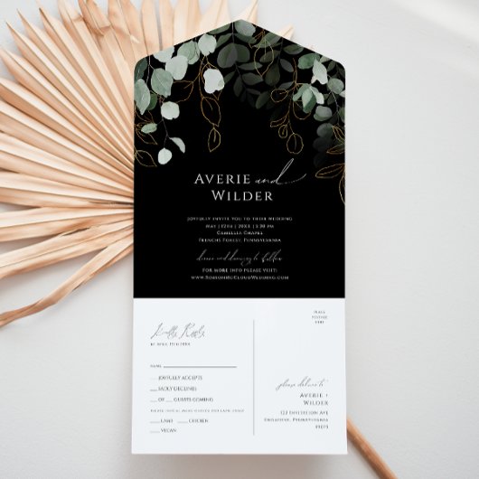 Whimsical Greenery Black Gold Casual Seal and Send All In One Uitnodiging