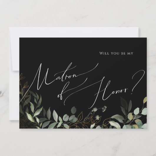Whimsical Greenery Black Gold Matron of Honor Kaar Kaart (Voorkant)