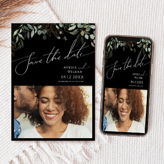 Whimsical Greenery Black Gold Photo Save the Date