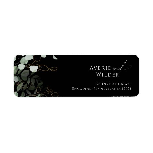 Whimsical Greenery Black Gold Return Address Label (Voorkant)